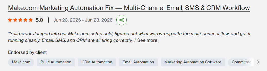 Upwork review — Make.com Marketing Automation